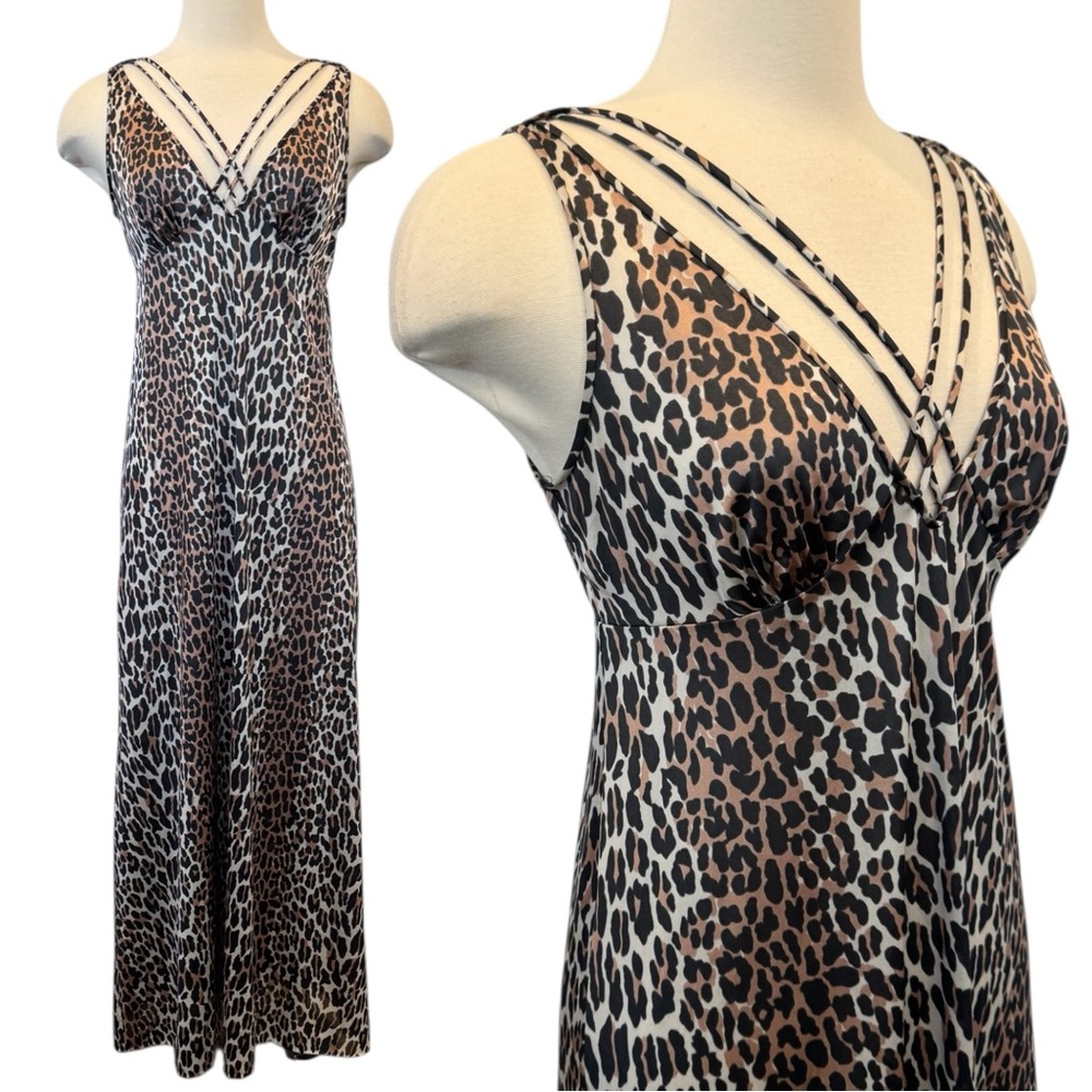 Vintage Vanity Fair Silky Nylon Leopard Print Empire Waist Maxi Gown Slip Dress